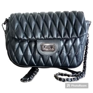 Badgley Mischka Diamond Quilted Crossbody Bag Black Faux Leather Chain Strap
